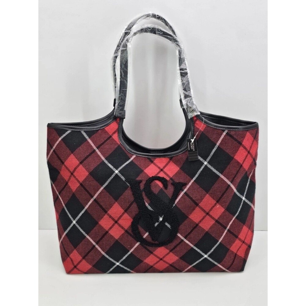 Victoria's Secret Tote Bag Red Black Plaid Weekender Logo Travel Holidays Travel